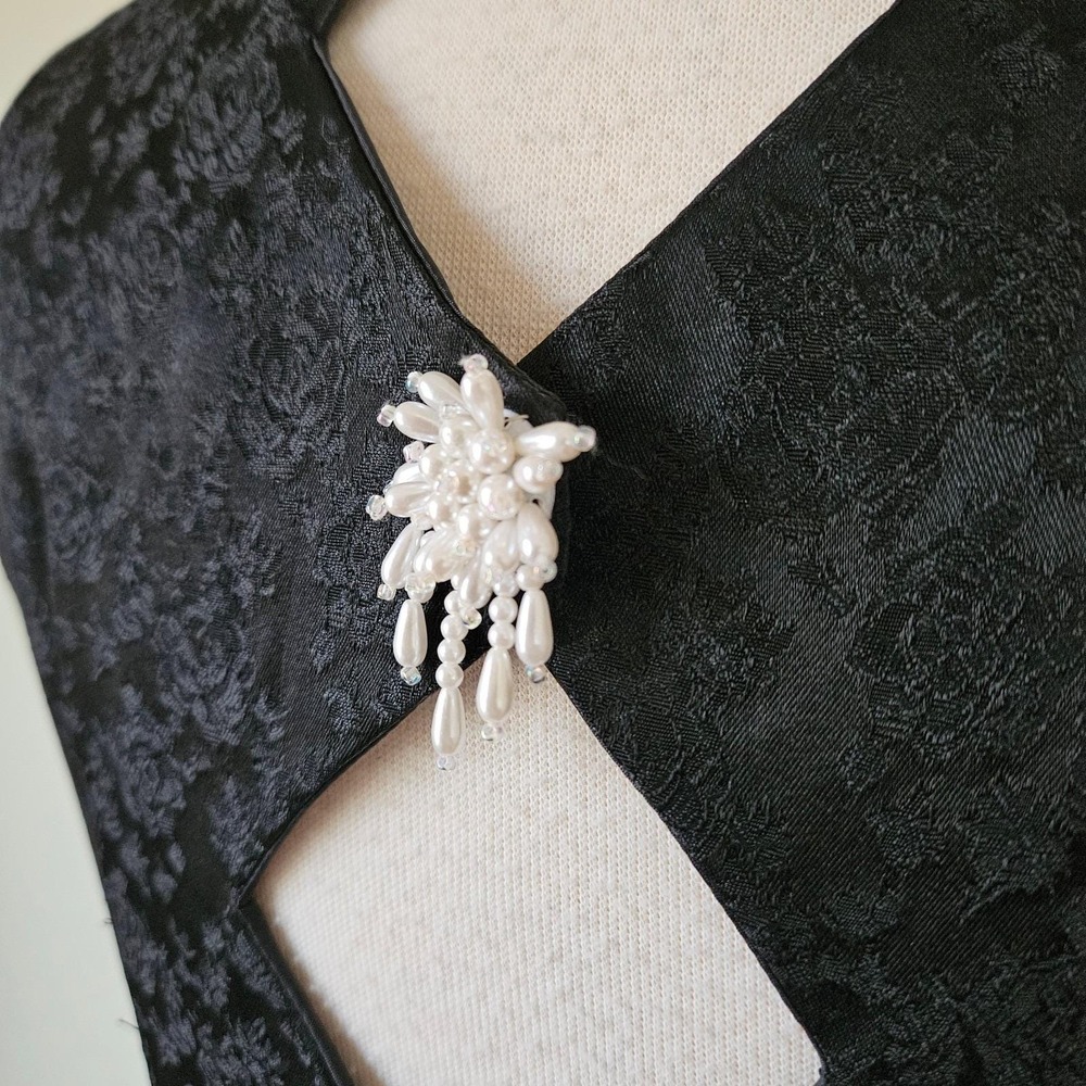 Vintage 90s Black Floral Brocade Evening Cocktail Dress Gown Back Cutouts M - Picture 6 of 7